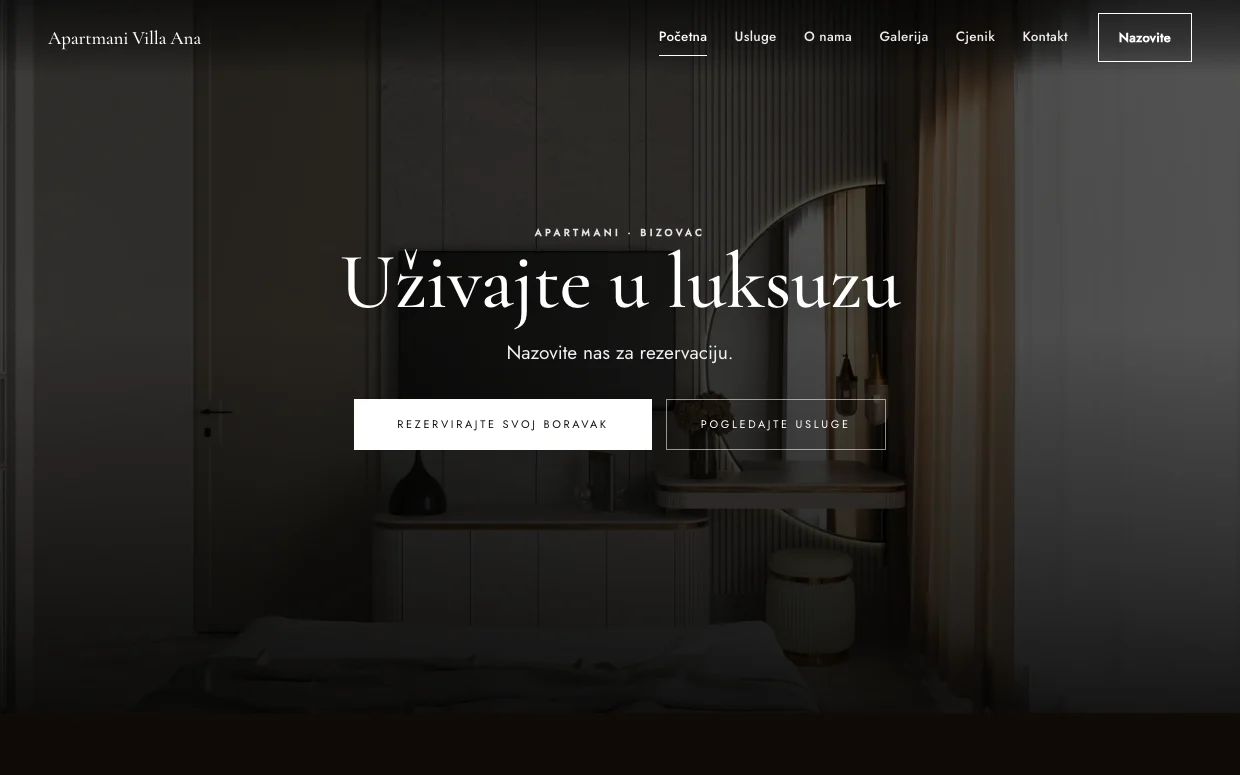 Demo stranica Apartmani Villa Ana, izrađena kroz Simplex GO