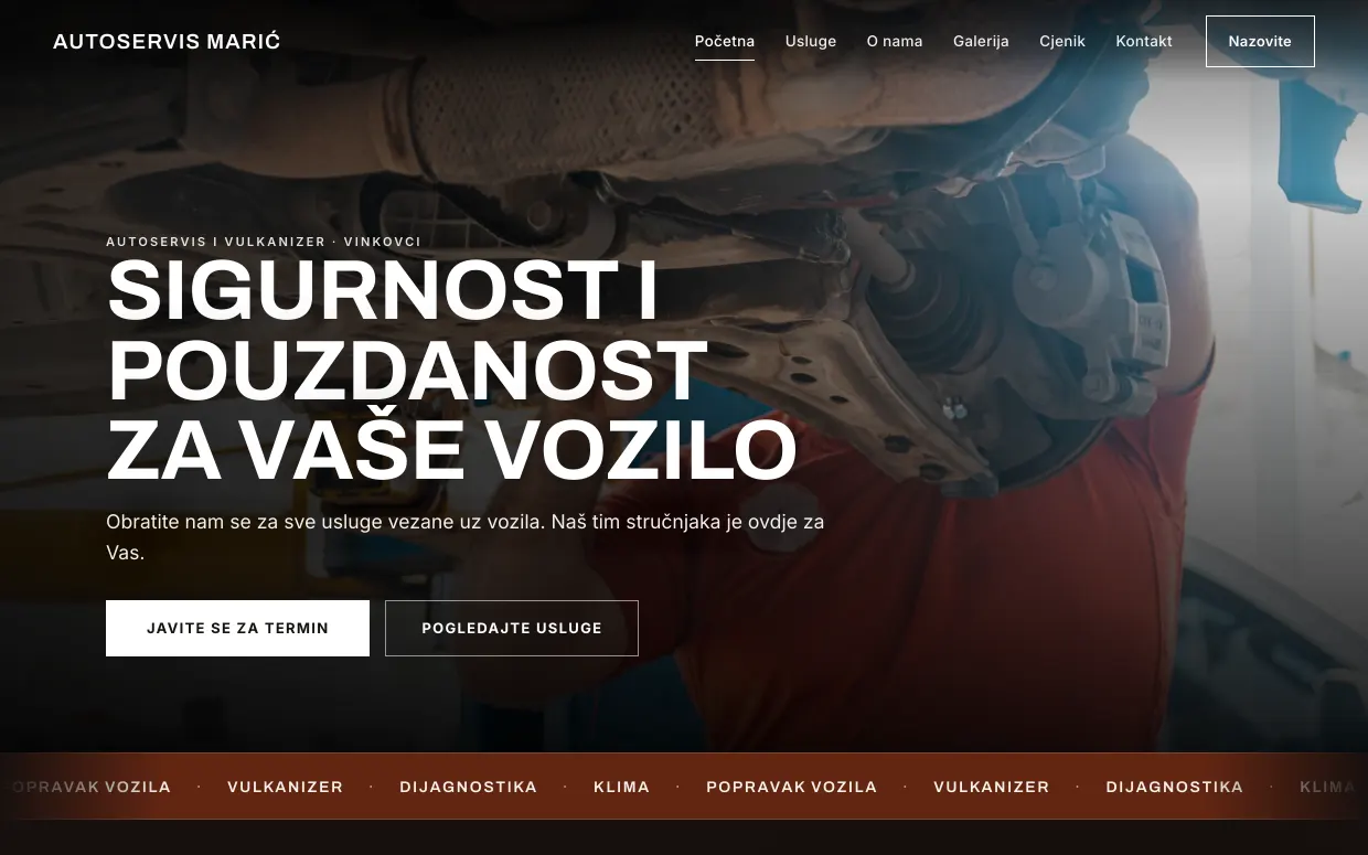 Stranica Autoservis Marić izrađena kroz Simplex GO, prikaz na prijenosniku