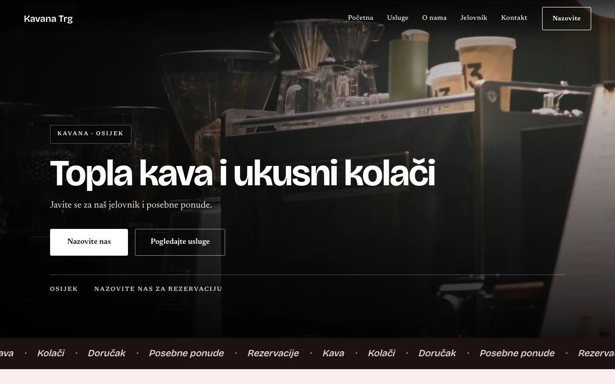 Demo stranica Kavana Trg, izrađena kroz Simplex GO
