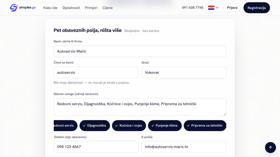 Obrazac Simplex GO ispunjen podacima Autoservisa Marić iz Vukovara