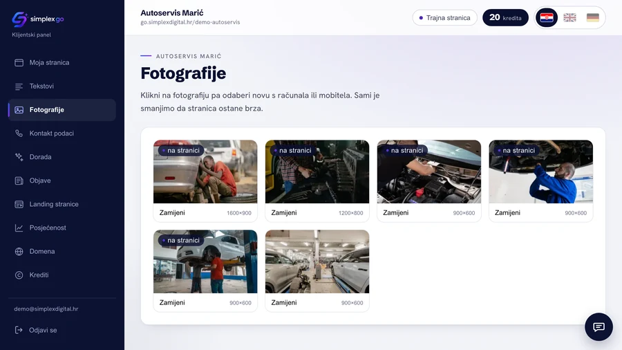 Nadzorna ploča Simplex GO, zaslon Fotografije — fotografije Autoservisa Marić s gumbom Zamijeni
