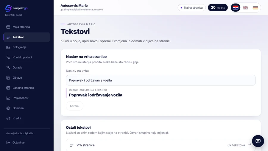 Nadzorna ploča Simplex GO, zaslon Tekstovi — naslov Autoservisa Marić i pretpregled kako stoji na stranici
